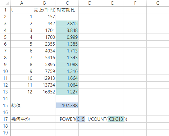[c17]=POWER(C15,1/COUNT(C3:C13))