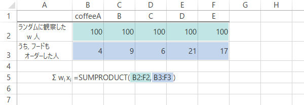 [b5]=SUMPRODUCT(B2:F2,B3:F3)