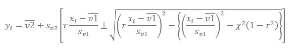 y_i=(v2) ̅+s_v2 [r (x_i-(v1) ̅)/s_v1 ±√((r (x_i-(v1) ̅)/s_v1 )^2-{((x_i-(v1) ̅)/s_v1 )^2-χ^2 (1-r^2 )} )]